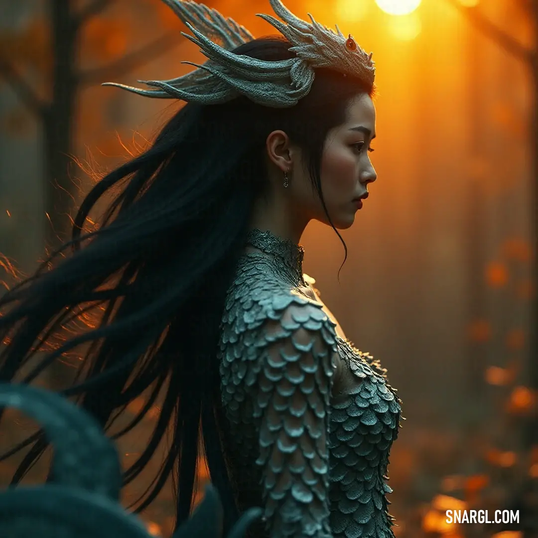 A magical figure with a dragon tail in her hair stands in a sunlit forest, capturing the allure of nature and fantasy. A magical character with long flowing hair adorned with a unique dragon tail stands confidently in a sunlit forest. Rays of sunlight filter through the trees, creating an enchanting scene of wonder and splendor where the natural world meets mythical charm