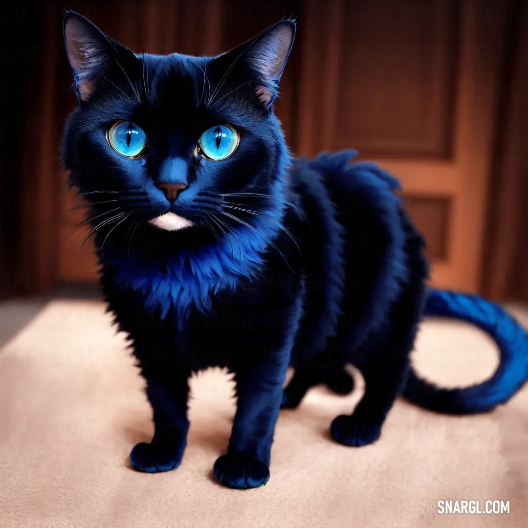 Black cat with blue eyes standing on a bed with a brown background and a wooden door behind it