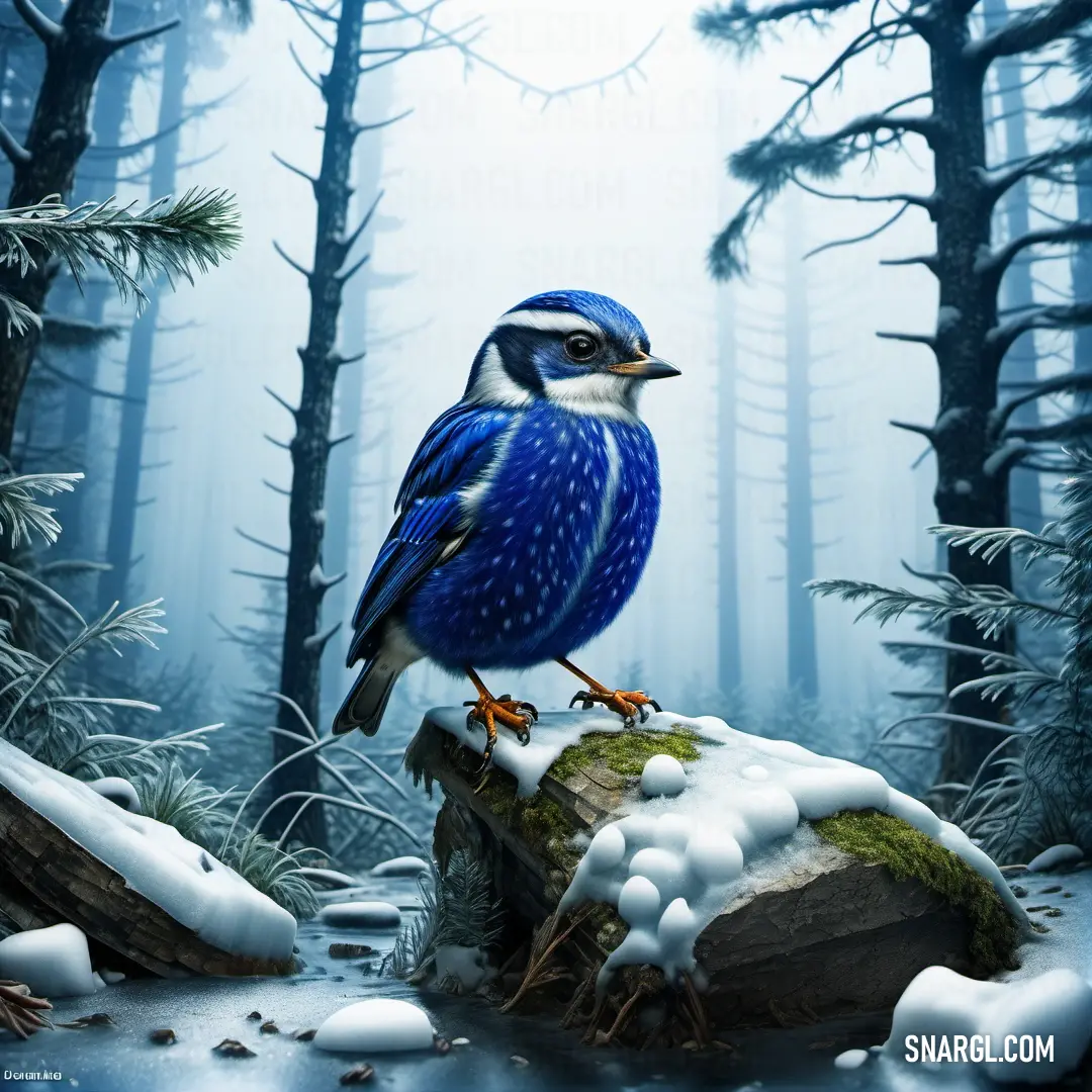 Blue bird on a rock in a snowy forest with snow on the ground and trees in the background. Color #002FA7.