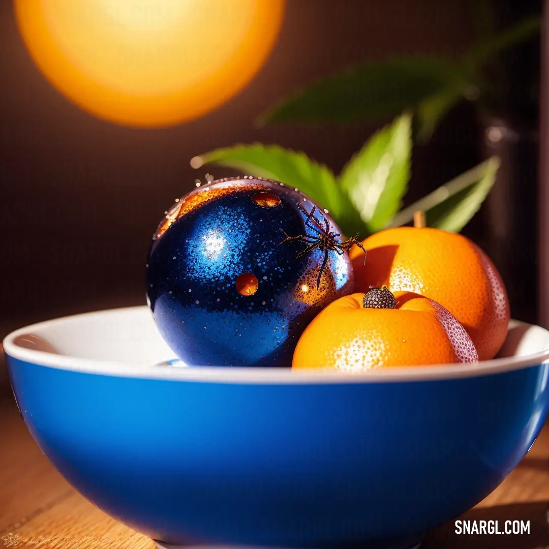 Blue bowl with oranges and a blue ornament on it on a table with a green leaf. Example of CMYK 100,72,0,35 color.