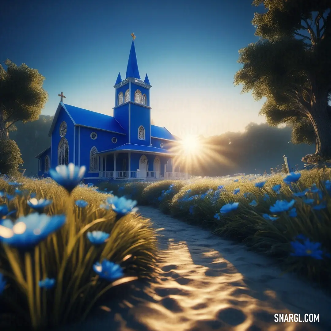 Blue church with a blue steeple and a blue sky with sun rays coming through the clouds and flowers. Color CMYK 100,72,0,35.