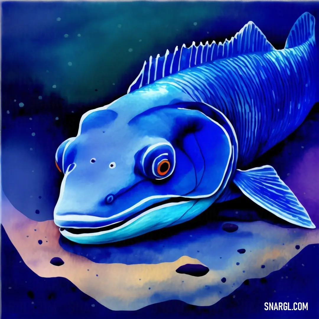 Blue fish with a yellow eye is swimming in the water with a rock under it and a blue background. Color CMYK 100,72,0,35.