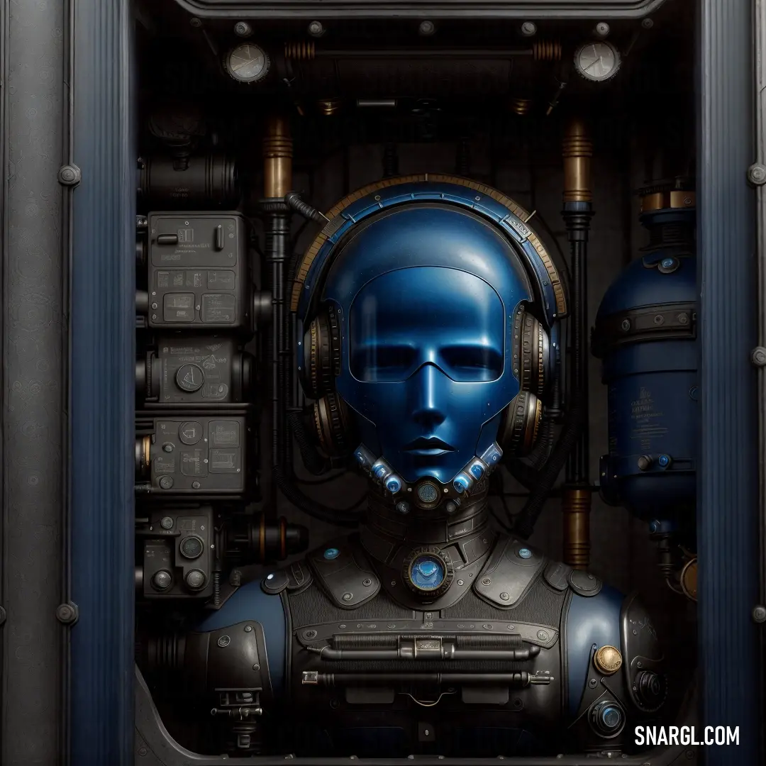 Blue robot with headphones and a blue face in a metal frame with pipes and valves and a clock