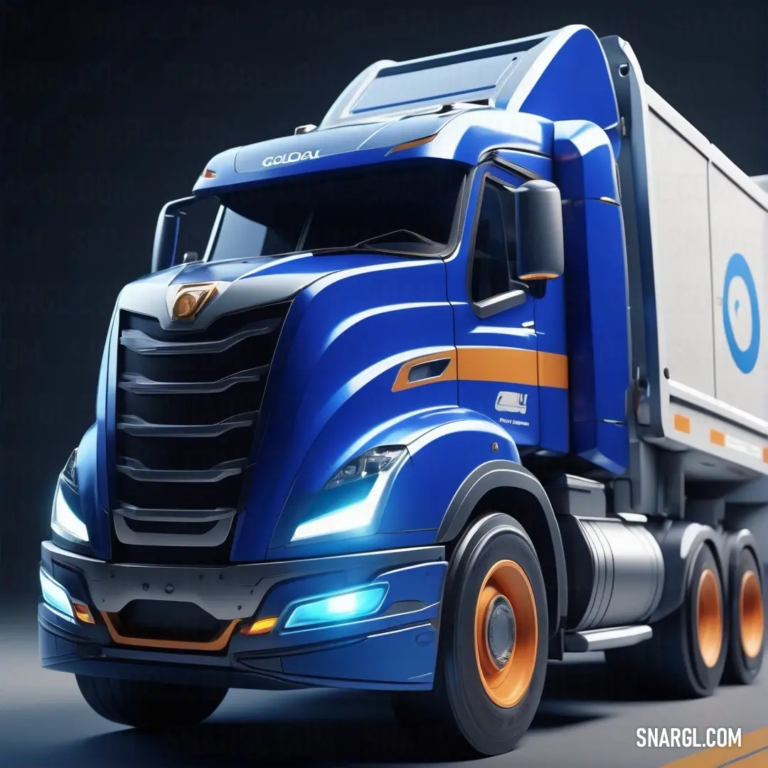 Blue semi truck with a white trailer on the back of it's cab and a yellow stripe on the side. Color RGB 0,47,167.