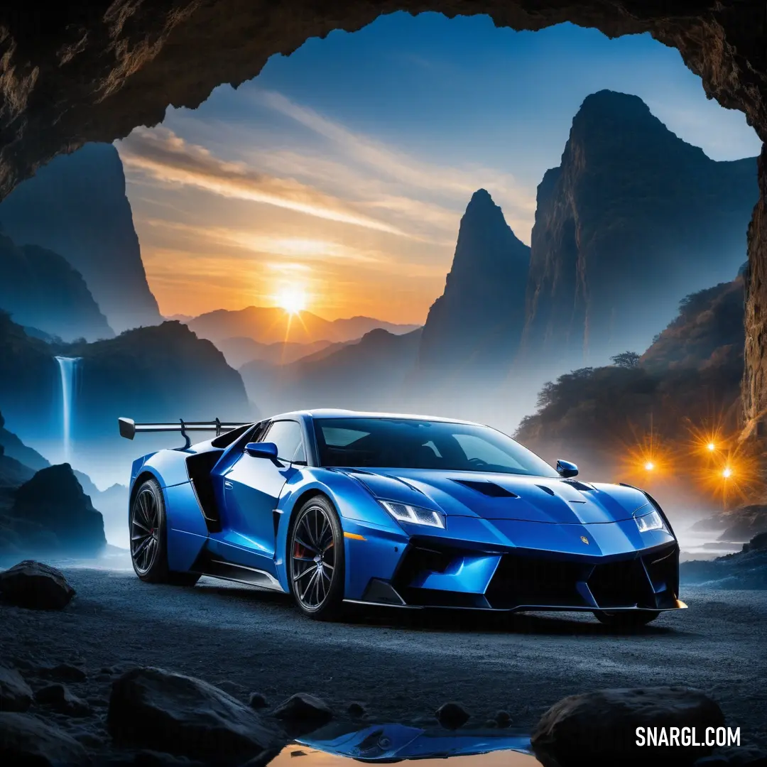 Blue sports car parked in a cave with a sunset in the background