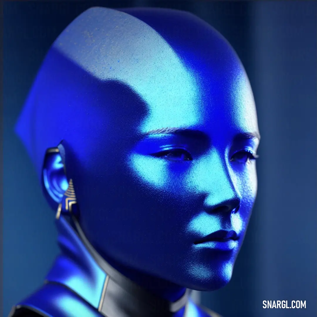 Blue woman with a bald head and a blue background is shown in this image