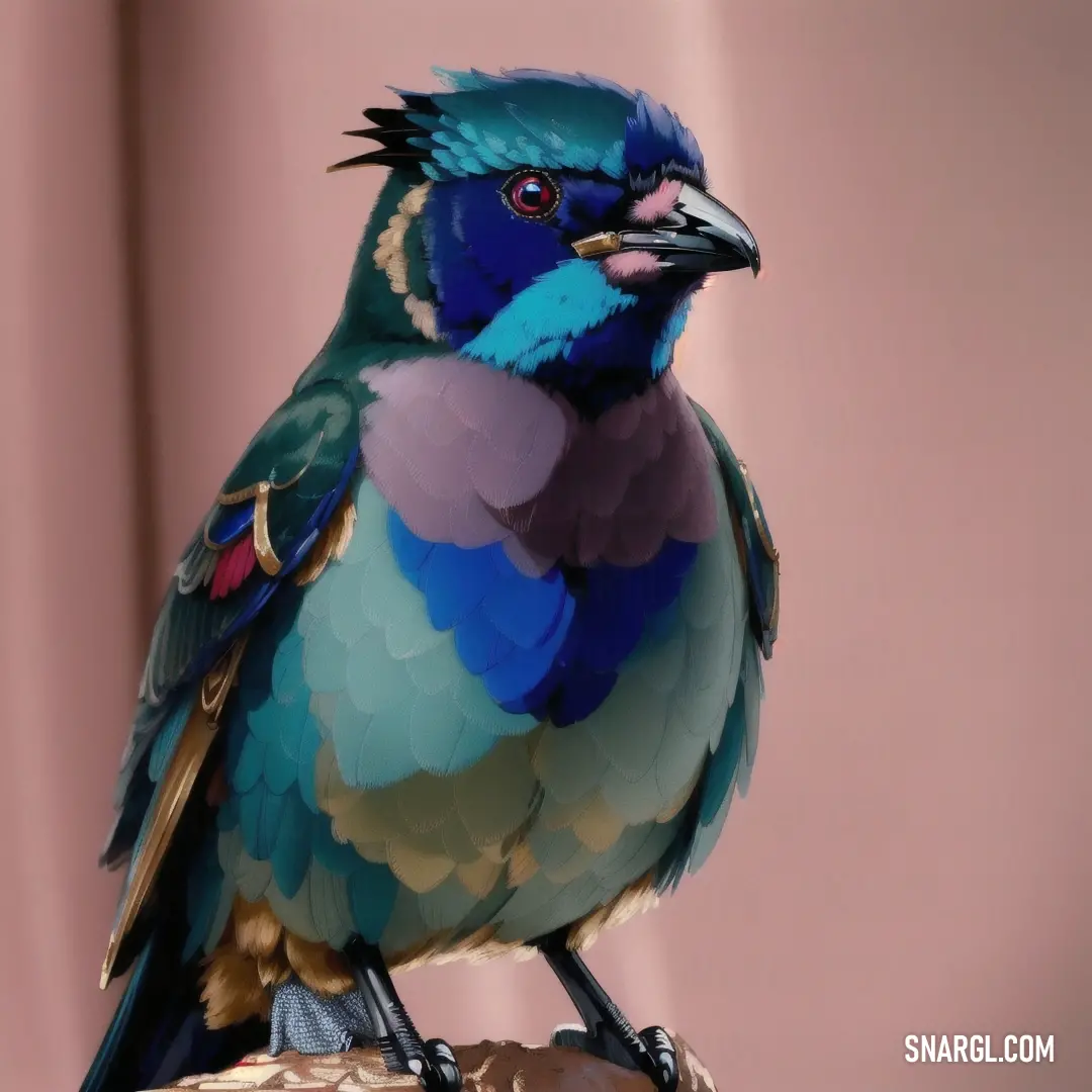 Colorful bird on top of a wooden table next to a pink wall and a wooden chair in the background. Example of RGB 0,47,167 color.
