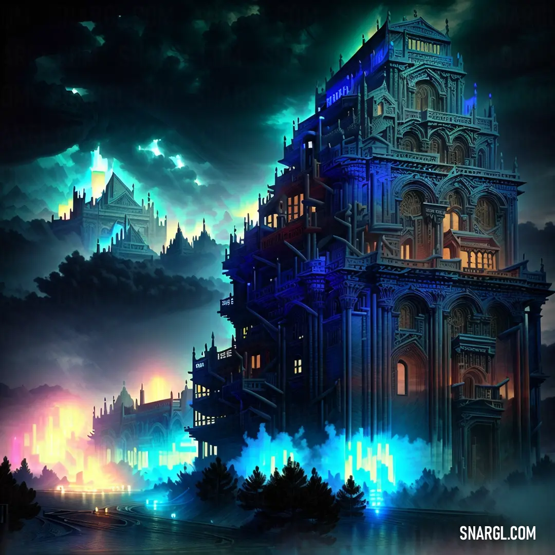 Painting of a castle with a clock tower in the middle of it at night time with a full moon. Example of #002FA7 color.