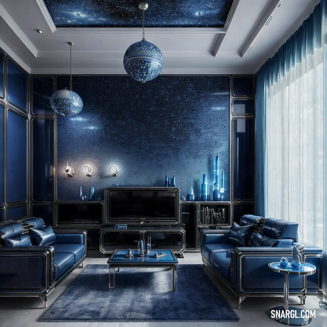 Living room with a blue couch and a television on a stand in it's center area and a blue rug on the floor