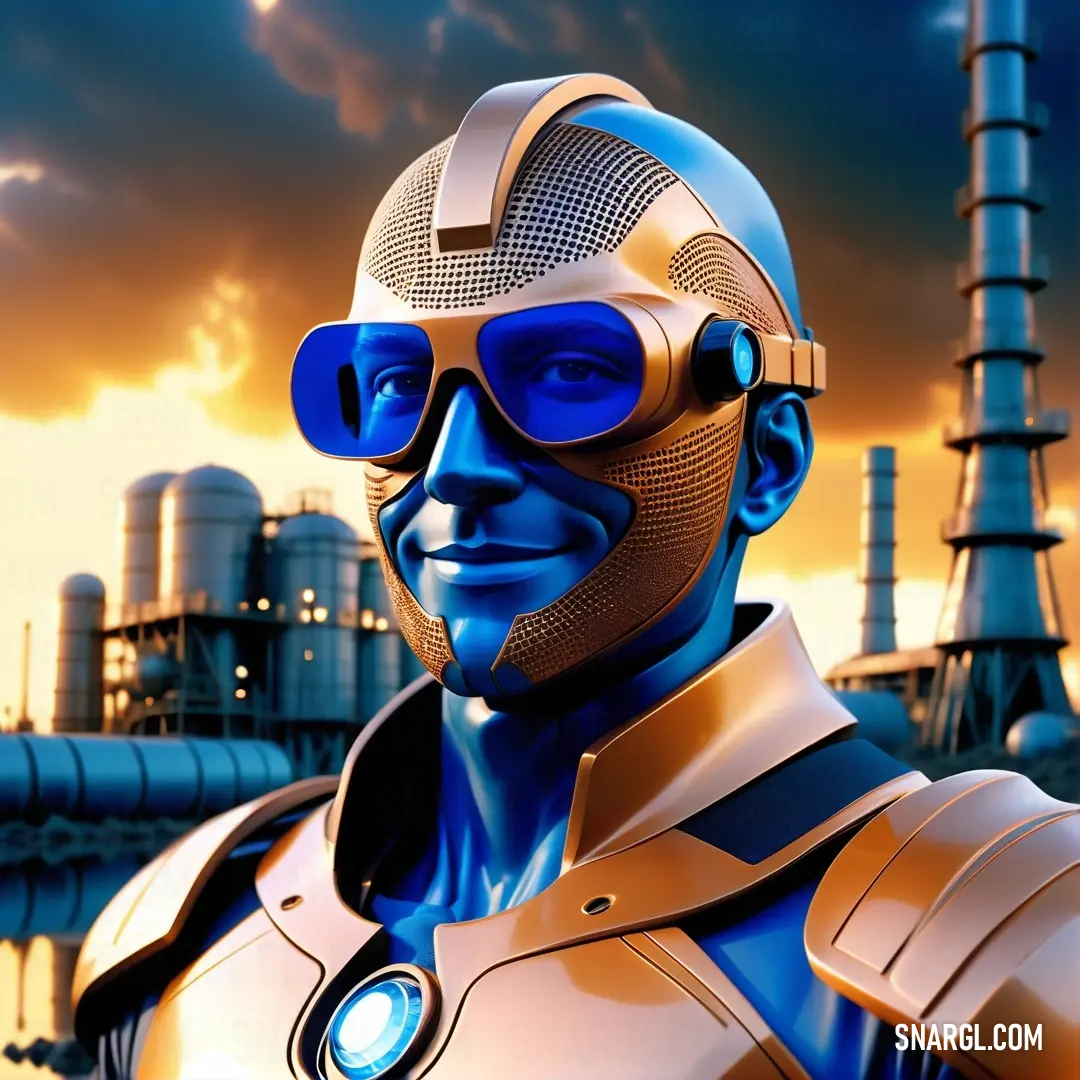 Man in a blue suit and gold helmet with a sky background. Color #002FA7.