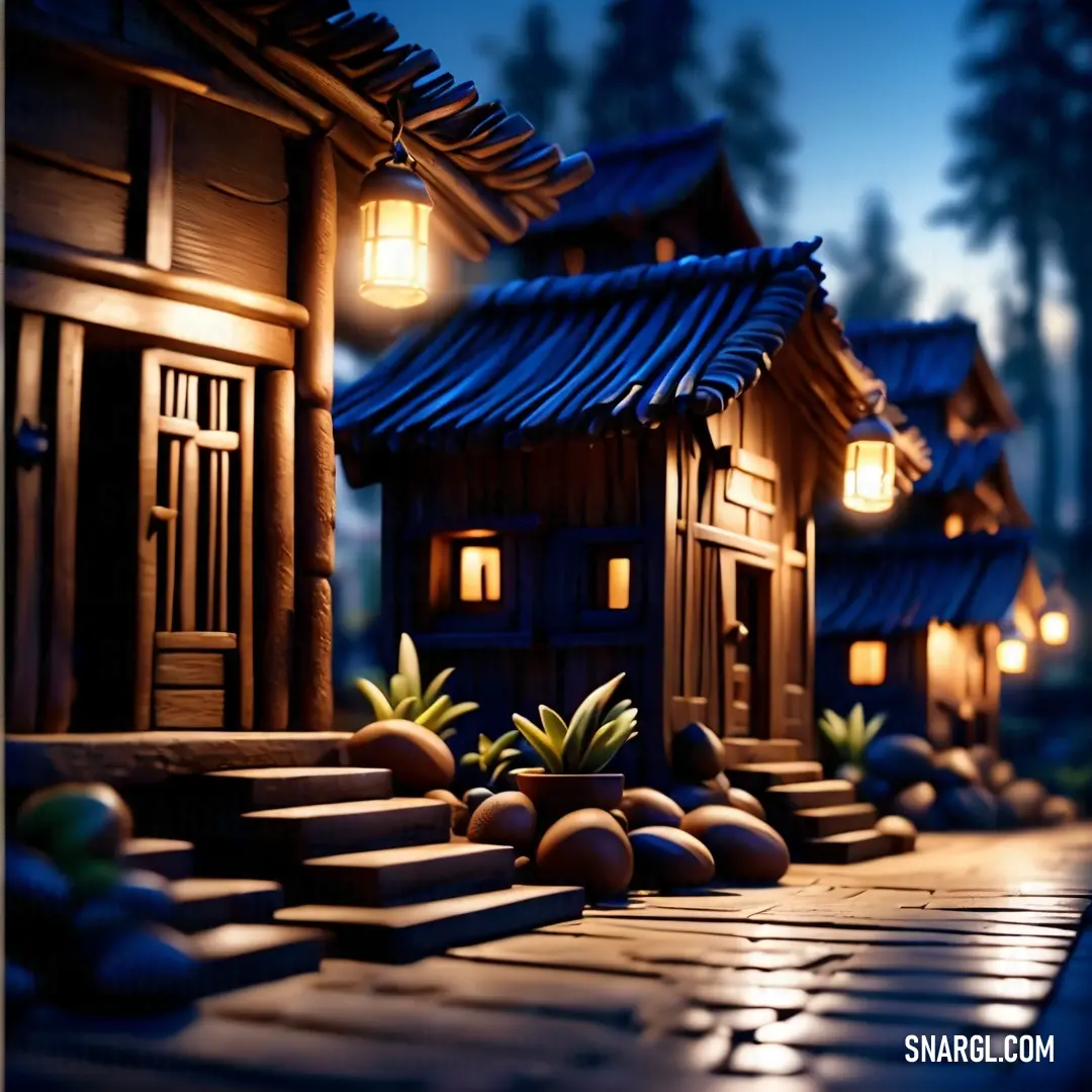 Row of wooden houses with lights on them at night time. Example of CMYK 100,72,0,35 color.