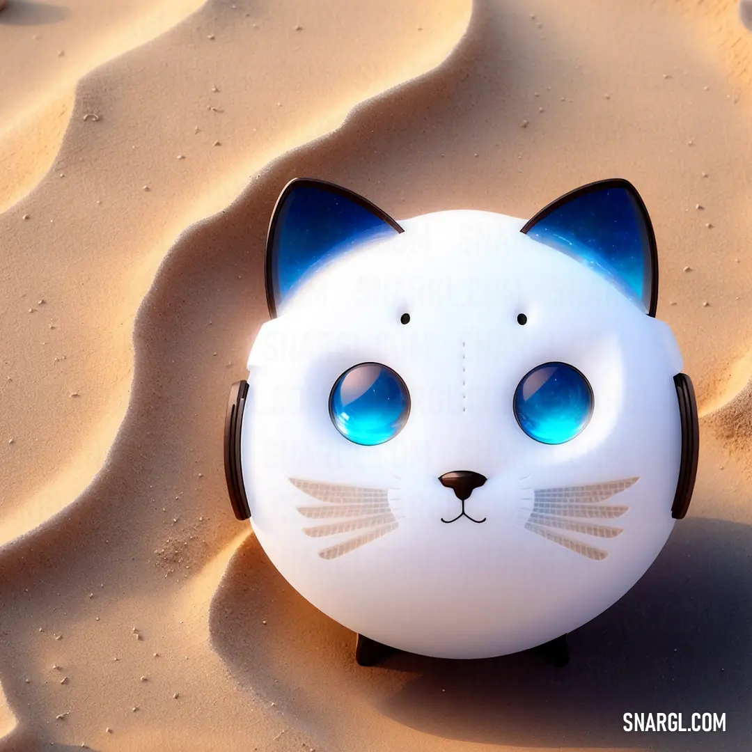 White cat head with blue eyes on a sand dune background with a light blue eye patch on the top of the head. Example of Klein Blue color.