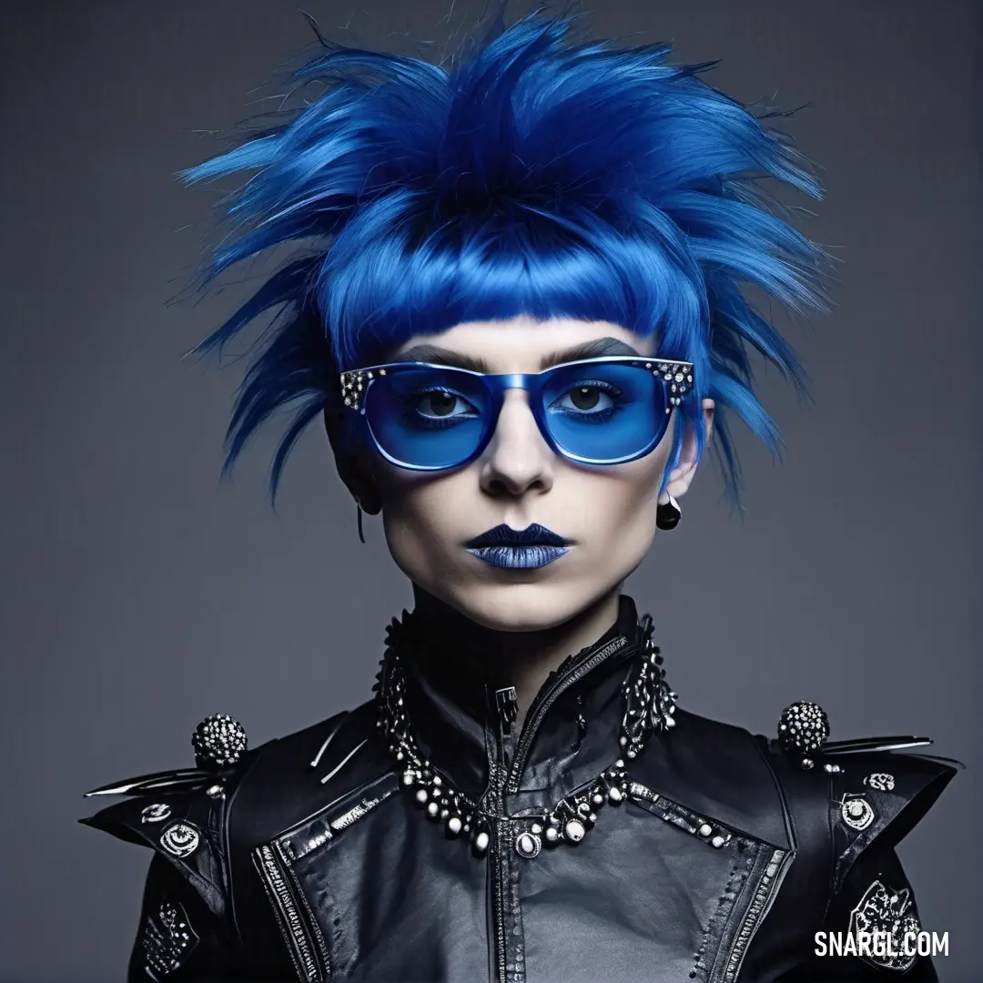 Woman with blue hair and sunglasses on her head and a black leather jacket on her shoulders