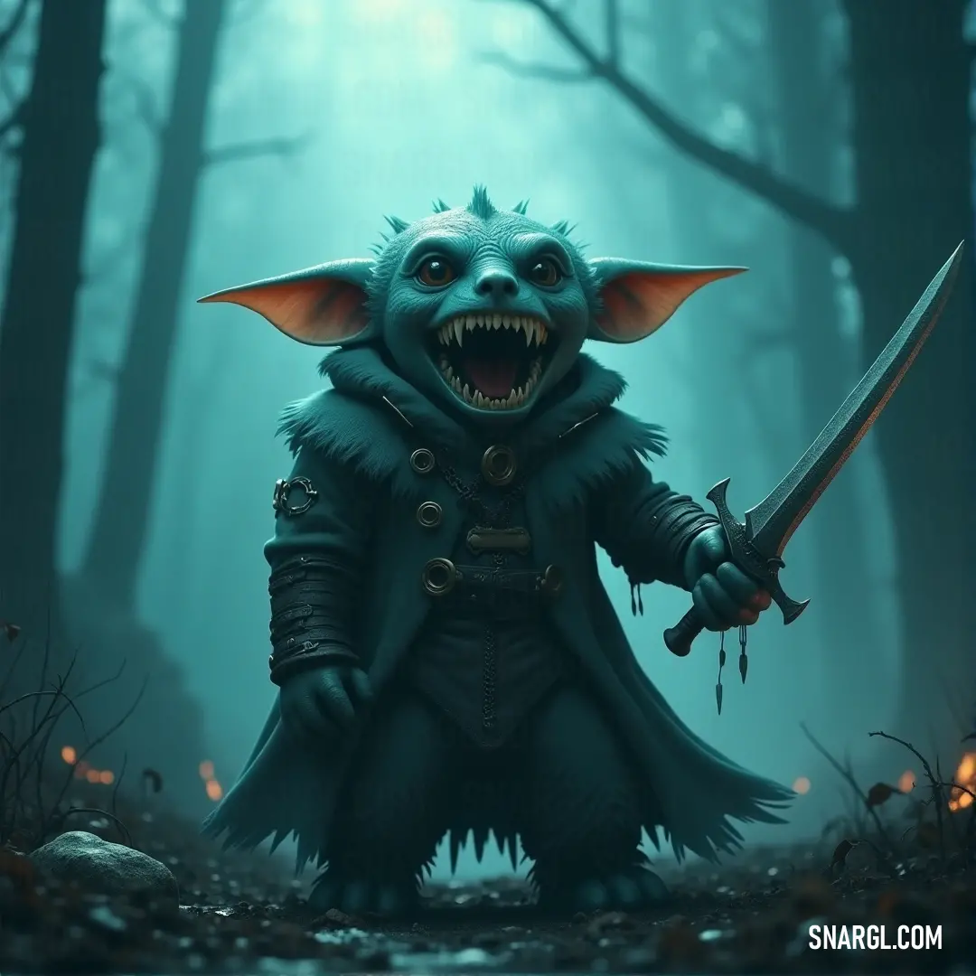 Klunk, holding a sword, stands in a forest with towering trees and leaves underfoot, exuding strength and determination. A strong figure, Klunk, stands in a forest, gripping a sword, surrounded by towering trees and scattered leaves. The wild setting adds to the character’s fierce presence.