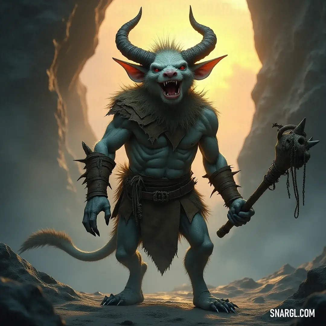 Klyr with impressive horns, gripping a sword in a shadowy cave, illuminated by sunlight filtering through rocky openings. In a dim cave, Klyr, adorned with epic horns and fierce armor, holds a mighty sword, facing the light streaming through an opening, while captivating rays dance around him and highlight his imposing figure amidst the ancient rock walls.
