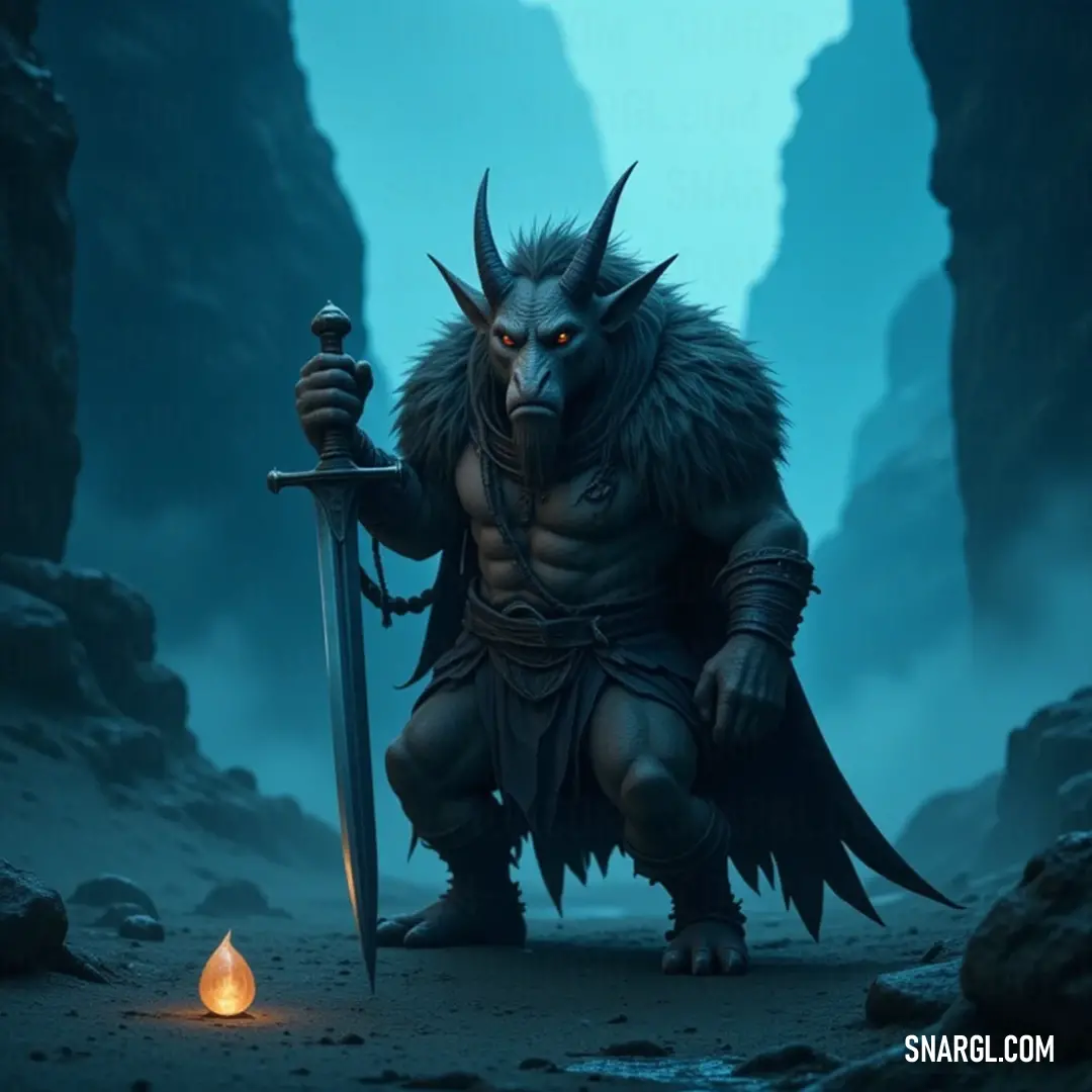 Klyr, a valiant hero holding a shining sword, confronts a daunting demon in a stark rocky landscape, with flickering flames illuminating their fierce clash, showcasing the battle between light and darkness amid intense shadows.