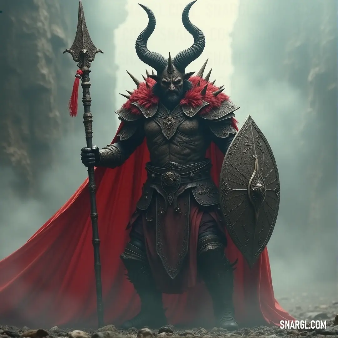 Kobal stands in full armor with a horned head, wielding a sword and shield, ready for any challenge that comes his way. Kobal, with horns on his head and a red cape flowing behind him, holds a sword in one hand and a shield in the other. His horned armor reflects light in the dark surroundings, creating an image of strength and determination as he stands ready for battle.