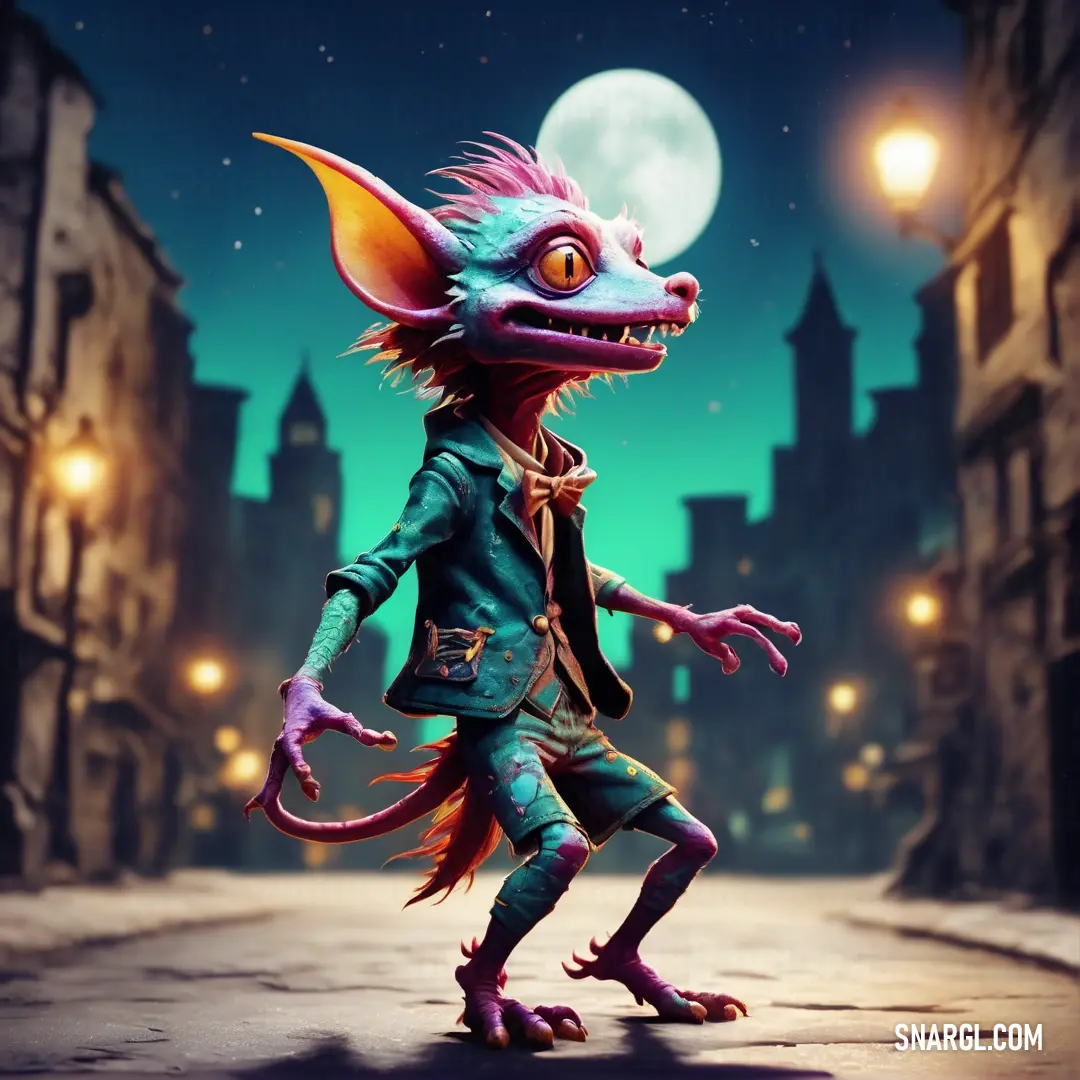 Kobold is walking down a street at night with a full moon in the background