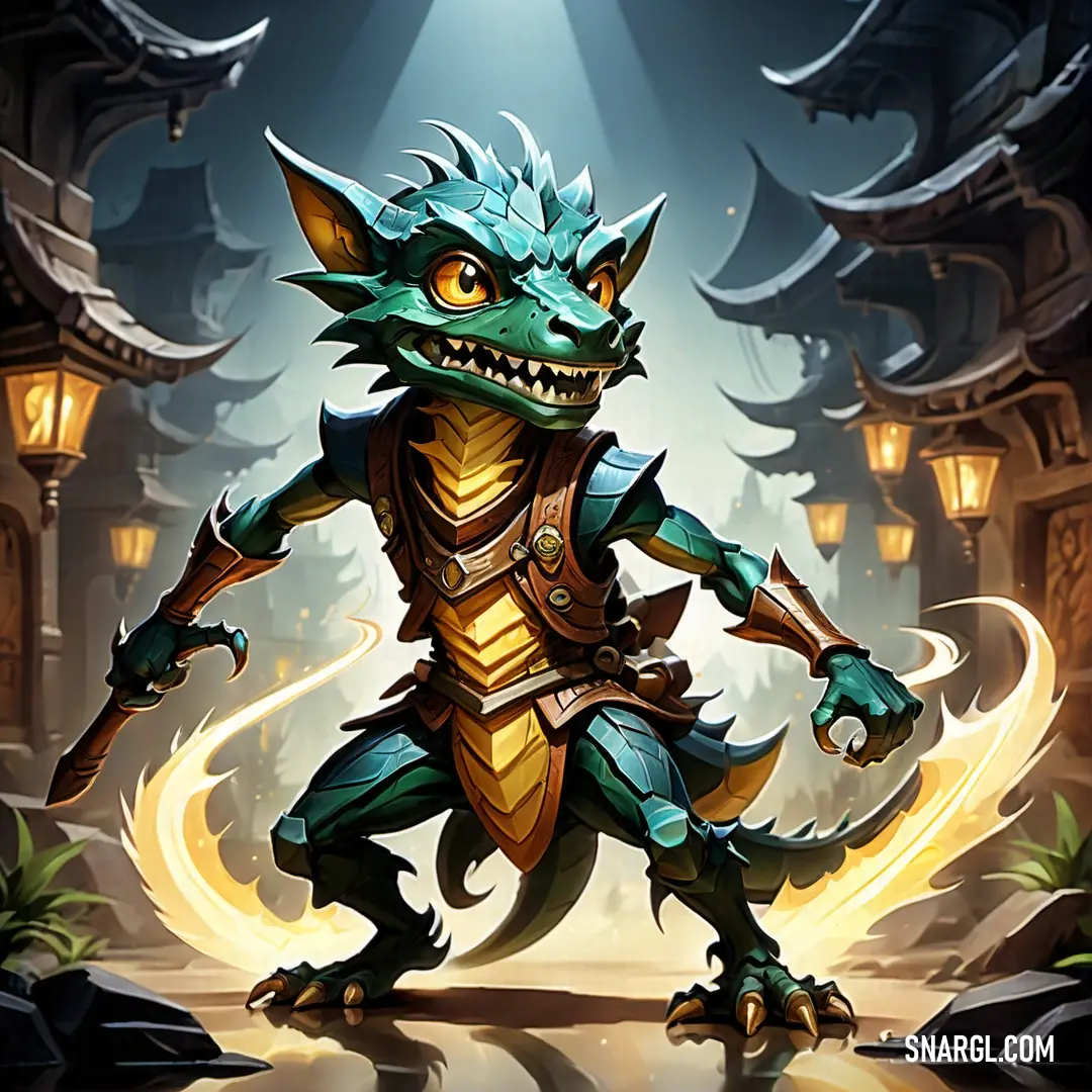 Cartoon character with a Kobold like head and a sword in his hand