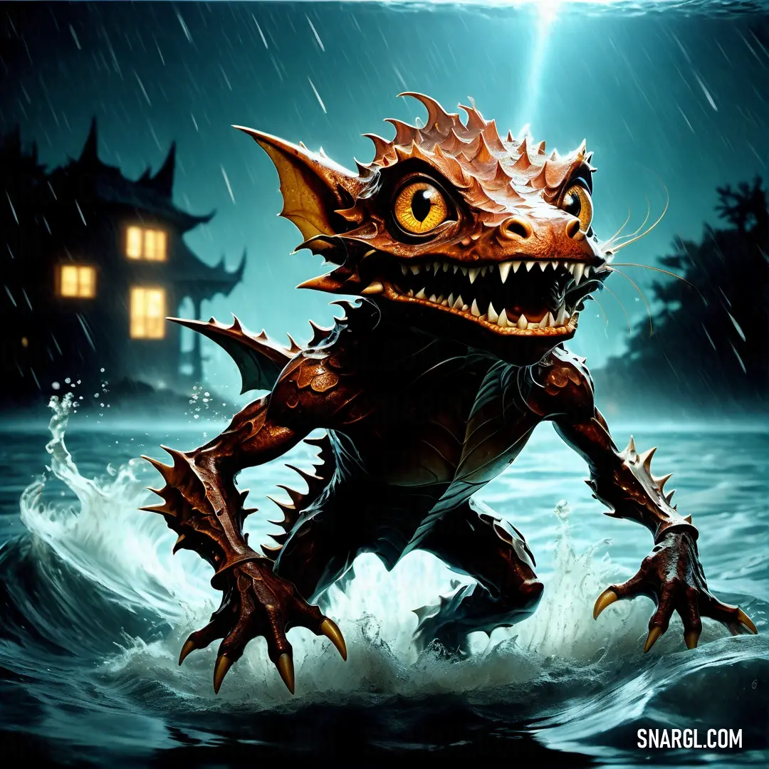 Cartoon character is in the water with a monster like Kobold in his hand and a house in the background