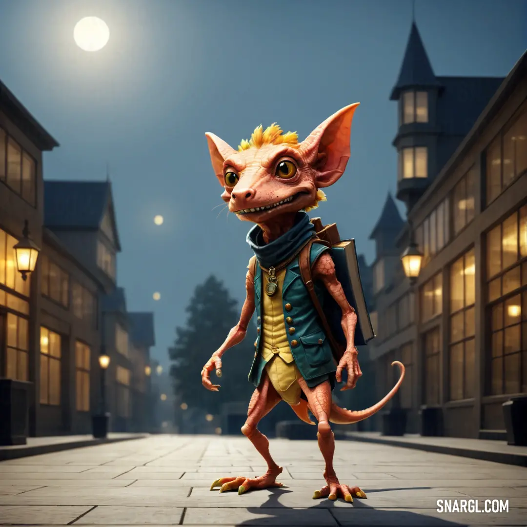 Kobold is walking down a street at night with a backpack on his back