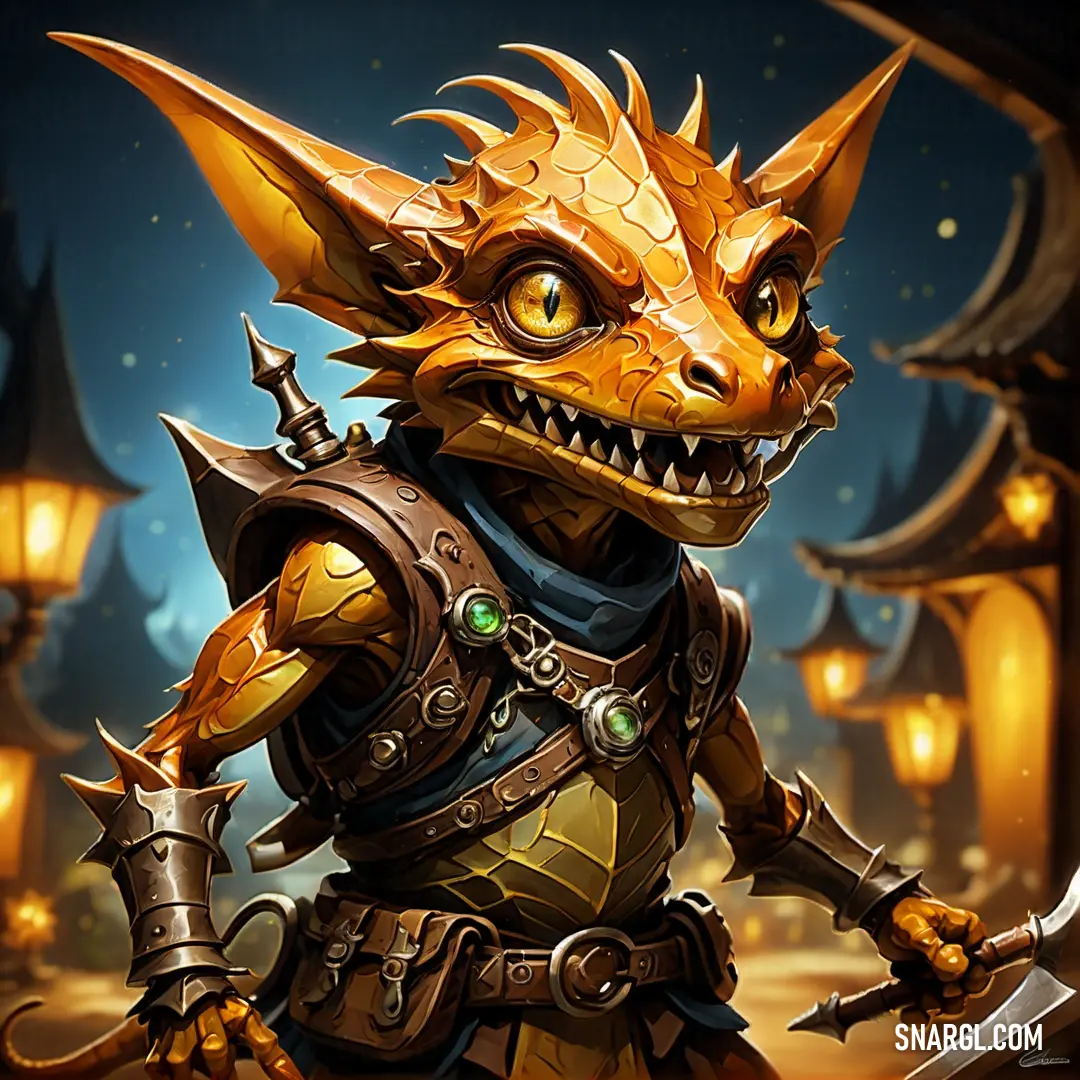 Cartoon character with a sword and a Kobold like head and a sword in his hand
