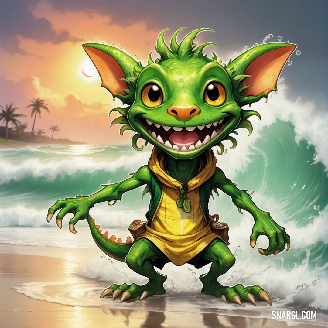Cartoon green Kobold standing on a beach next to the ocean with a wave crashing behind it