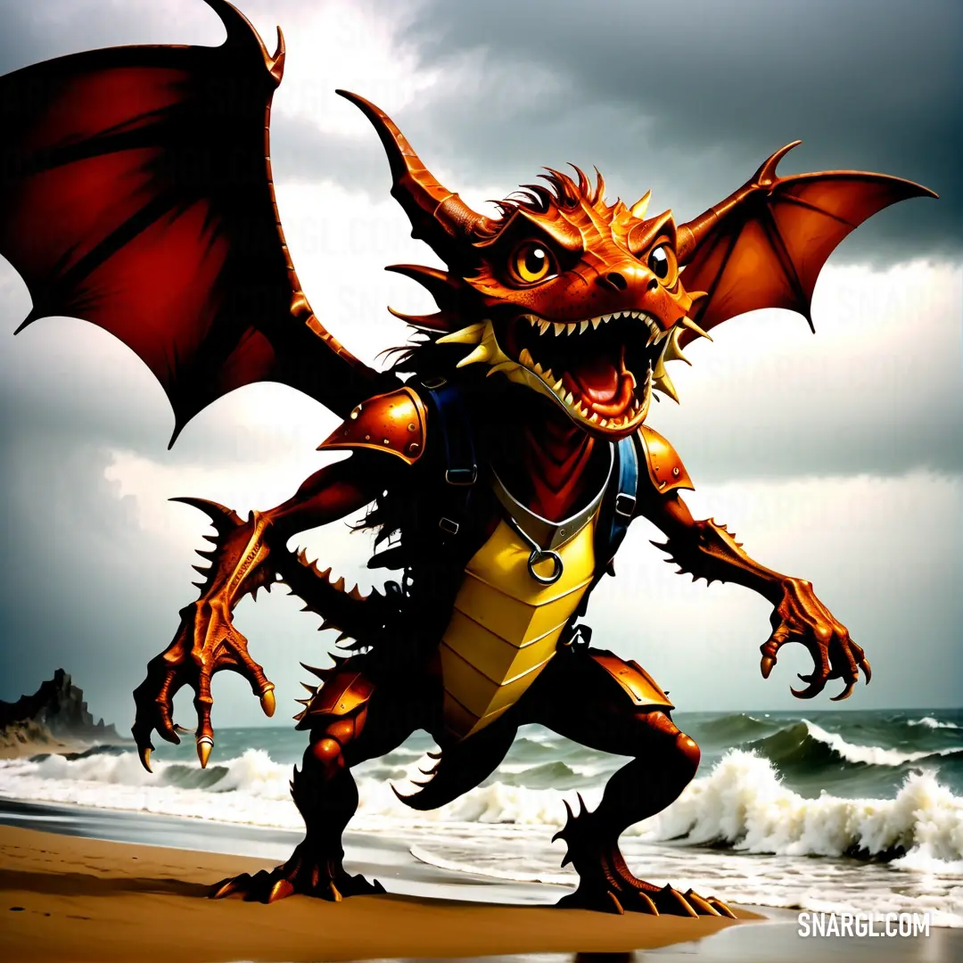 Cartoon of a Kobold with a life jacket on the beach with waves in the background