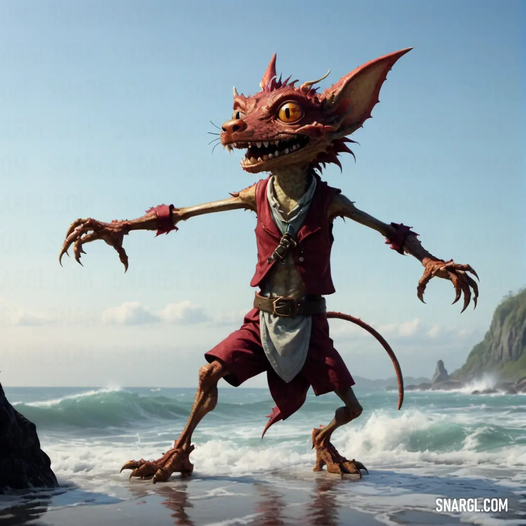 Kobold is standing on the beach with his arms outstretched and legs spread out
