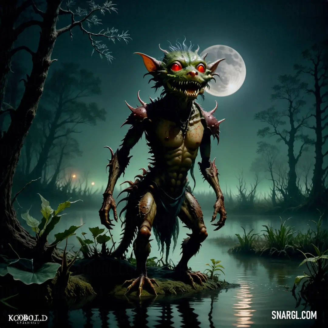 Kobold with a full moon in the background and a body of water in the foreground