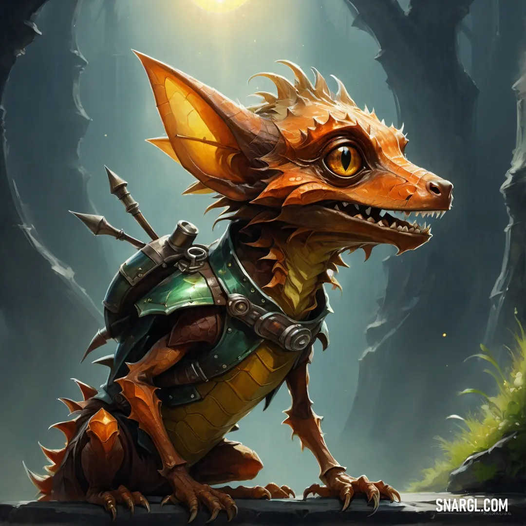 Kobold with a helmet and armor on in a forest with a sun in the background
