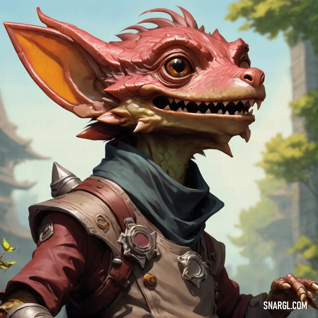 Kobold with a helmet and a coat on, with a tree in the background