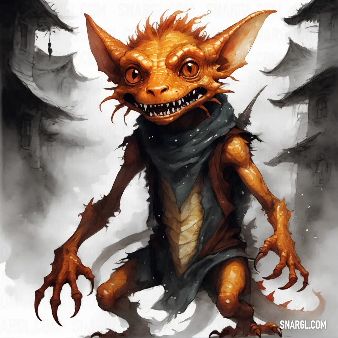 Kobold with a scarf around its neck and a creepy face on it's face