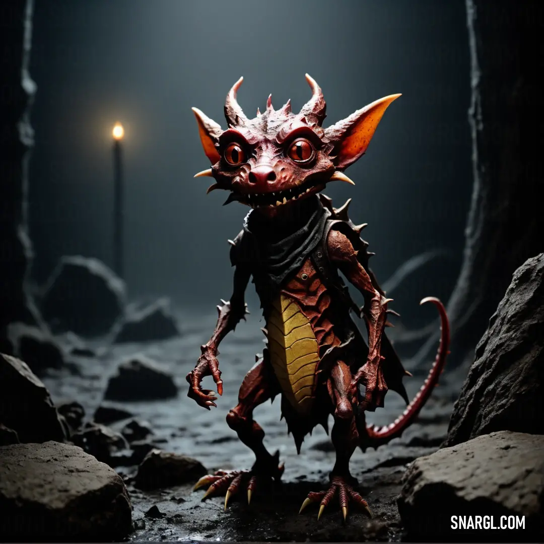 Kobold with horns and a scarf on standing in a cave with rocks and a light in the background