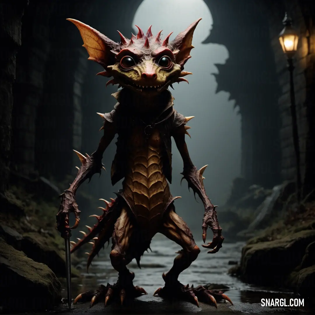 Kobold with horns and a sword in a dark tunnel with a light on it's head
