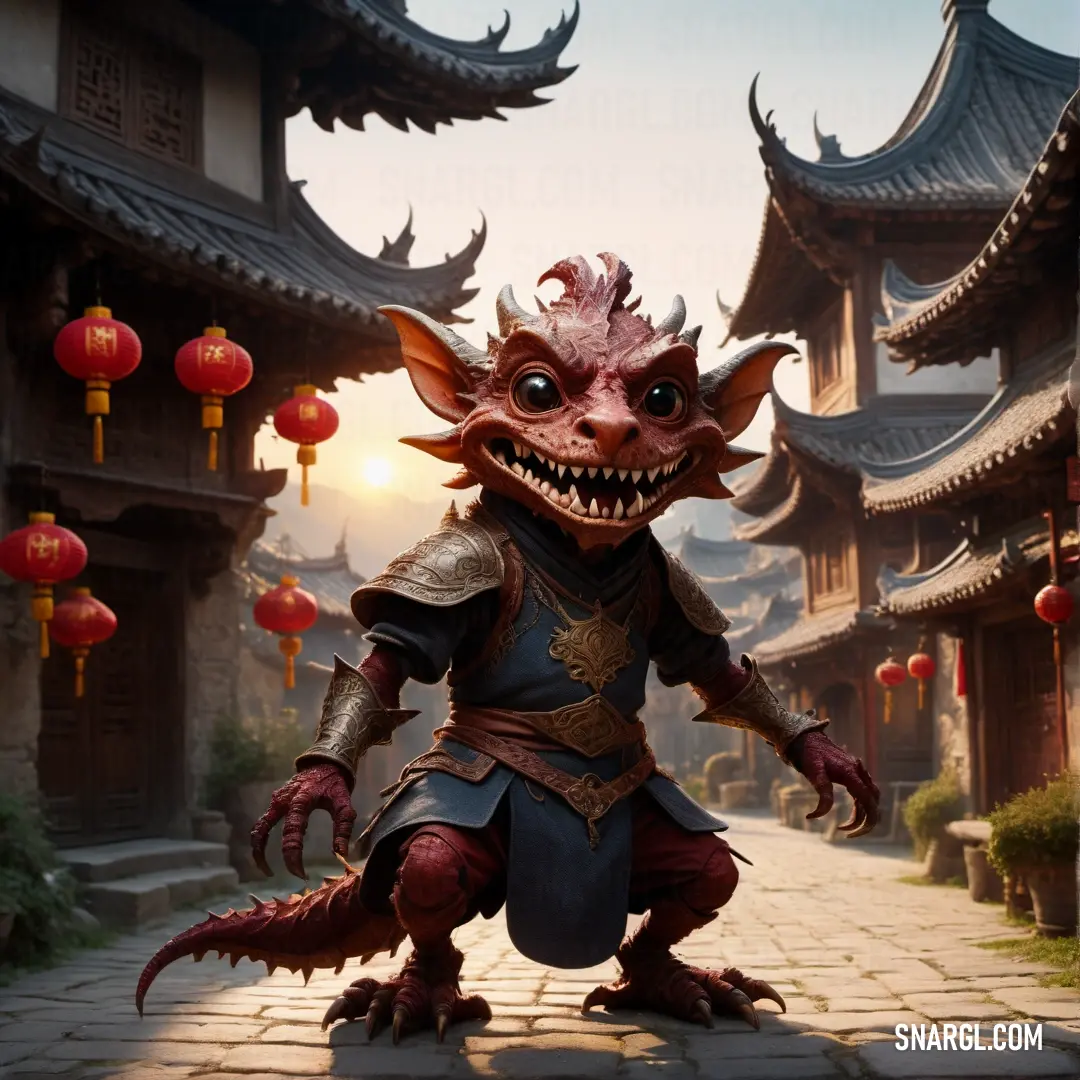 Dragon like Kobold standing on a brick road in front of a building with lanterns and lanterns hanging from it