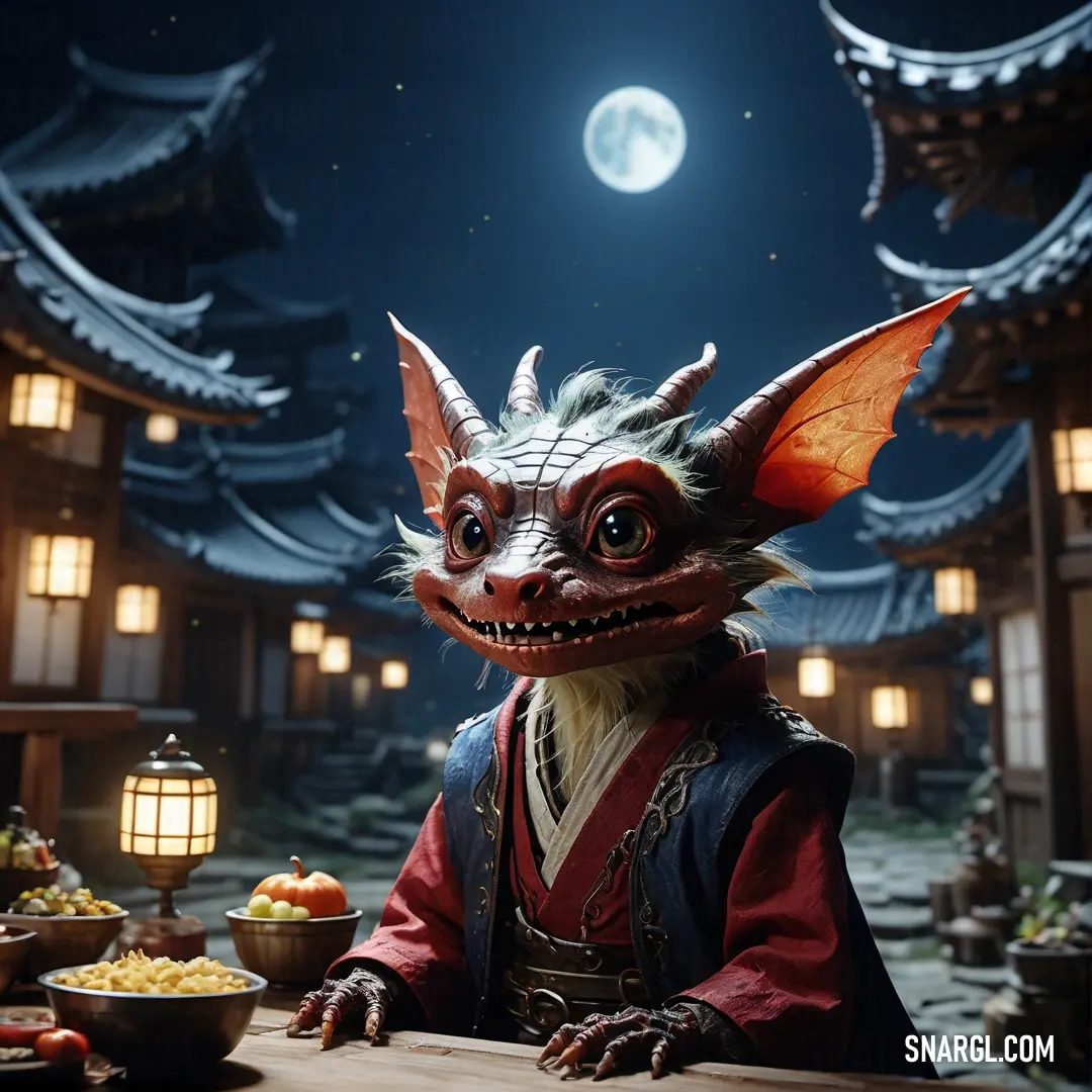 Kobold at a table with a full moon in the background and a lantern in the sky