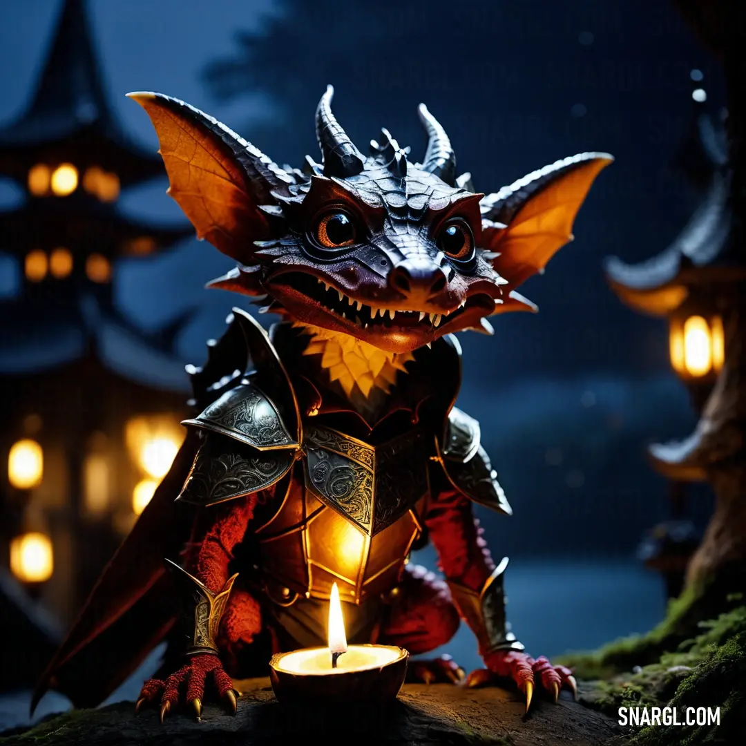 Kobold statue holding a candle in its hand and wearing armor with a helmet on it