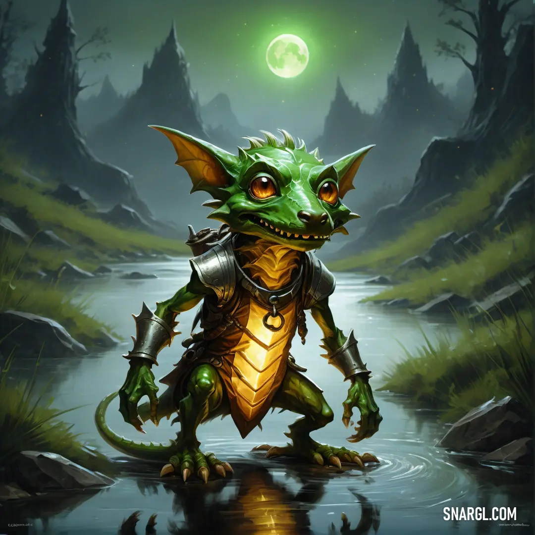 Green Kobold with a helmet and armor standing in a river with a full moon in the background