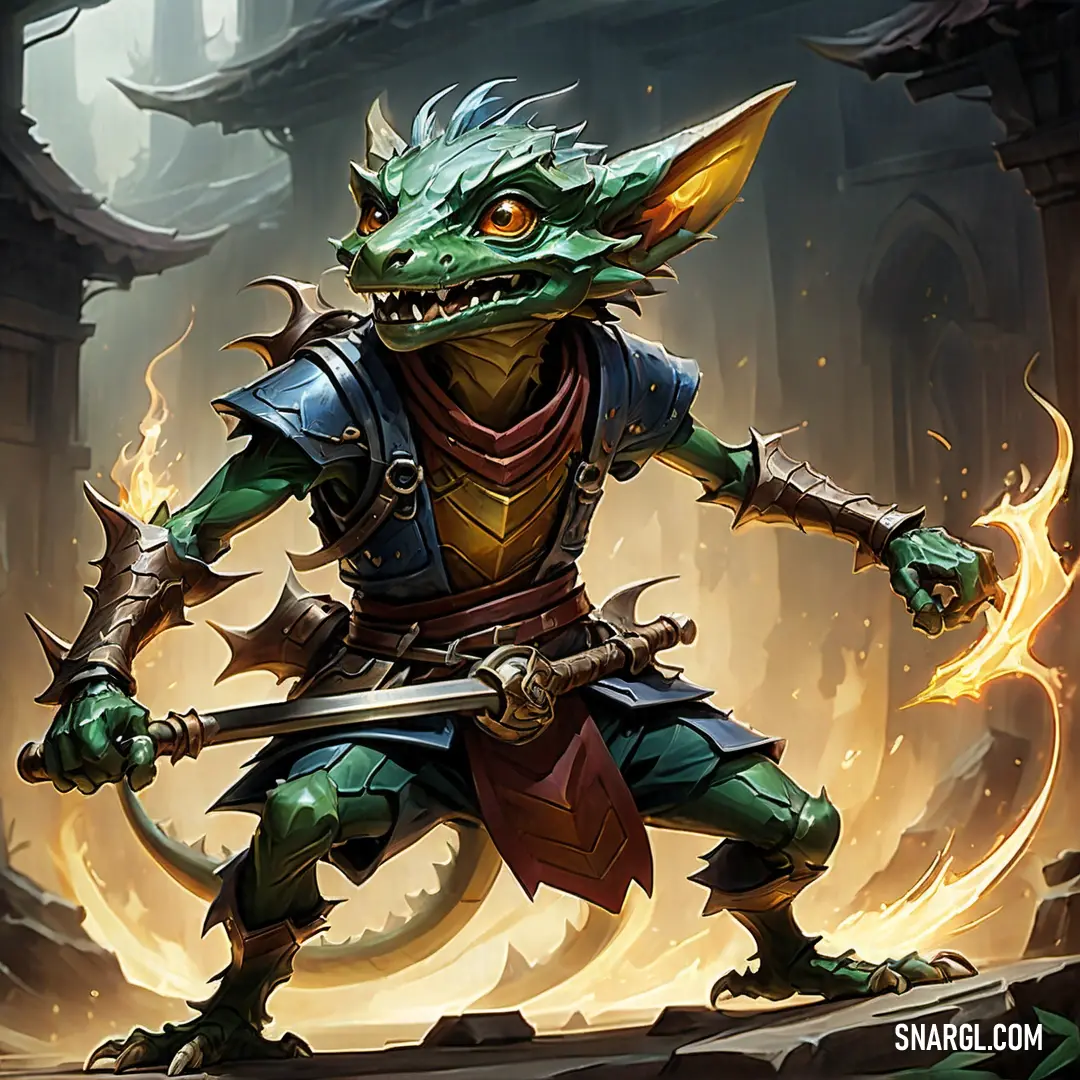Green Kobold with a sword and armor on a rock in a forest with flames and a building in the background