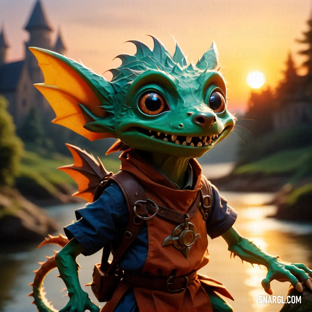 Green Kobold doll standing in front of a river at sunset with a castle in the background