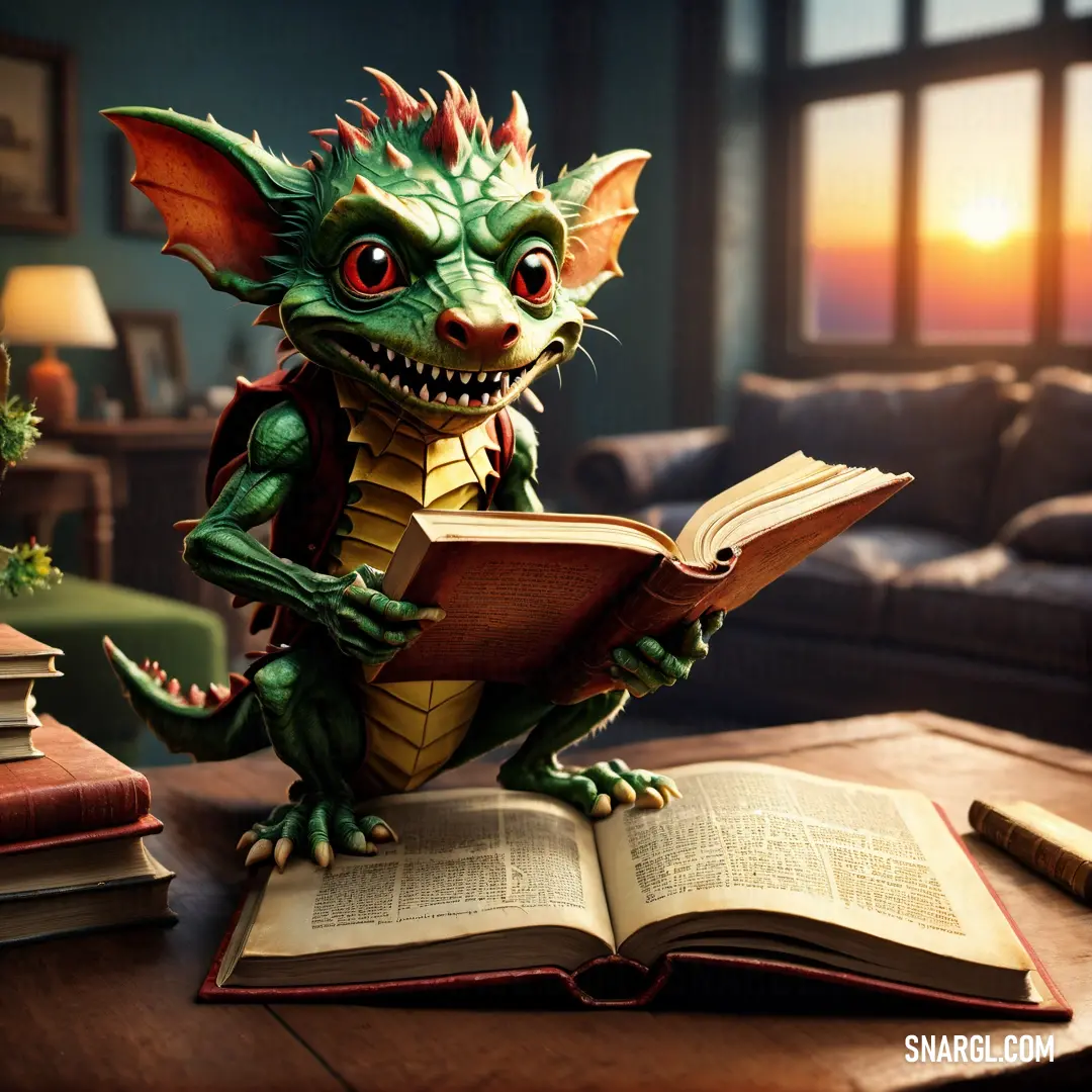 Green Kobold reading a book on a table with a lamp and couch in the background