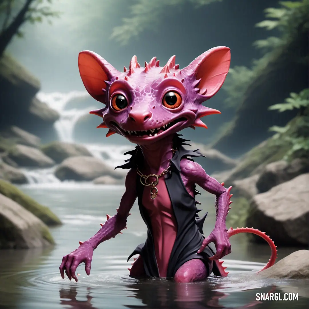 Pink Kobold in a river with a waterfall in the background