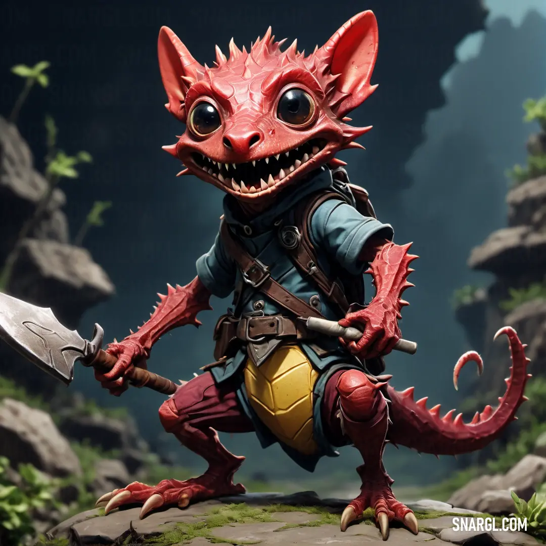 Red Kobold with a large knife in its hand and a helmet on it's head