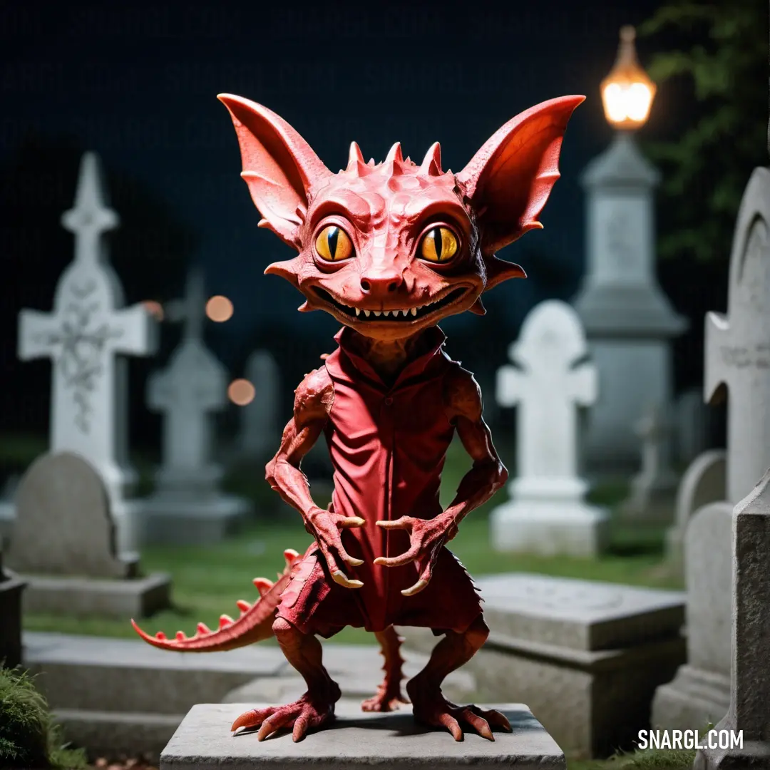 Red Kobold statue on top of a grave in a cemetery at night with a light on behind it