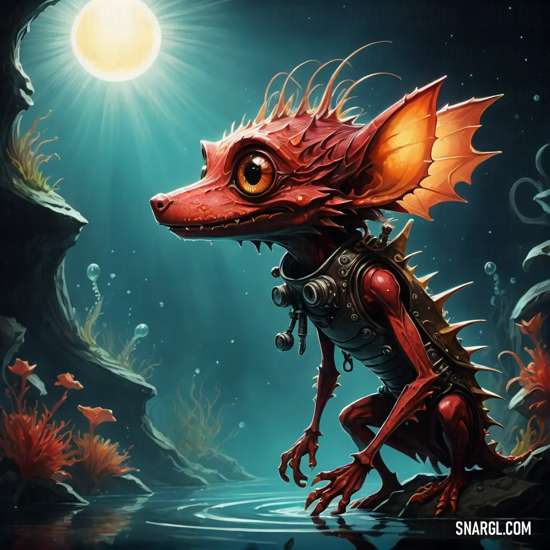 Red Kobold with a yellow eye and a body of water in front of a bright sun and a cave