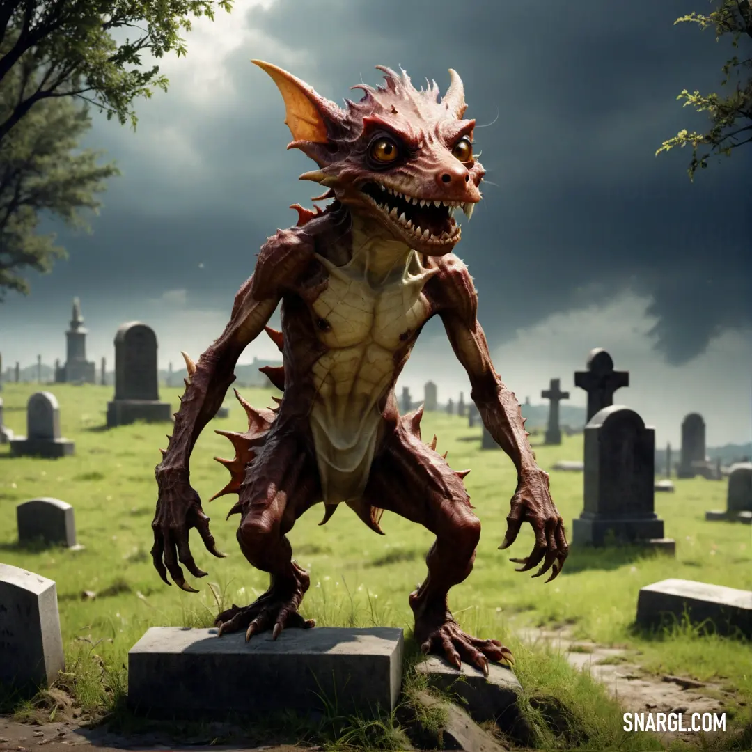 Statue of a Kobold standing on a grave in a cemetery with a dark sky in the background