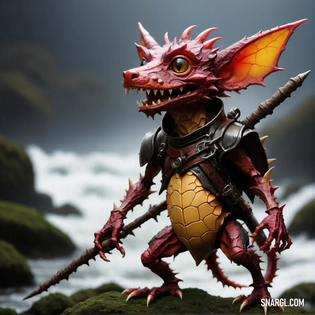 Toy Kobold with a helmet and armor on a rock near a body of water and a waterfall in the background