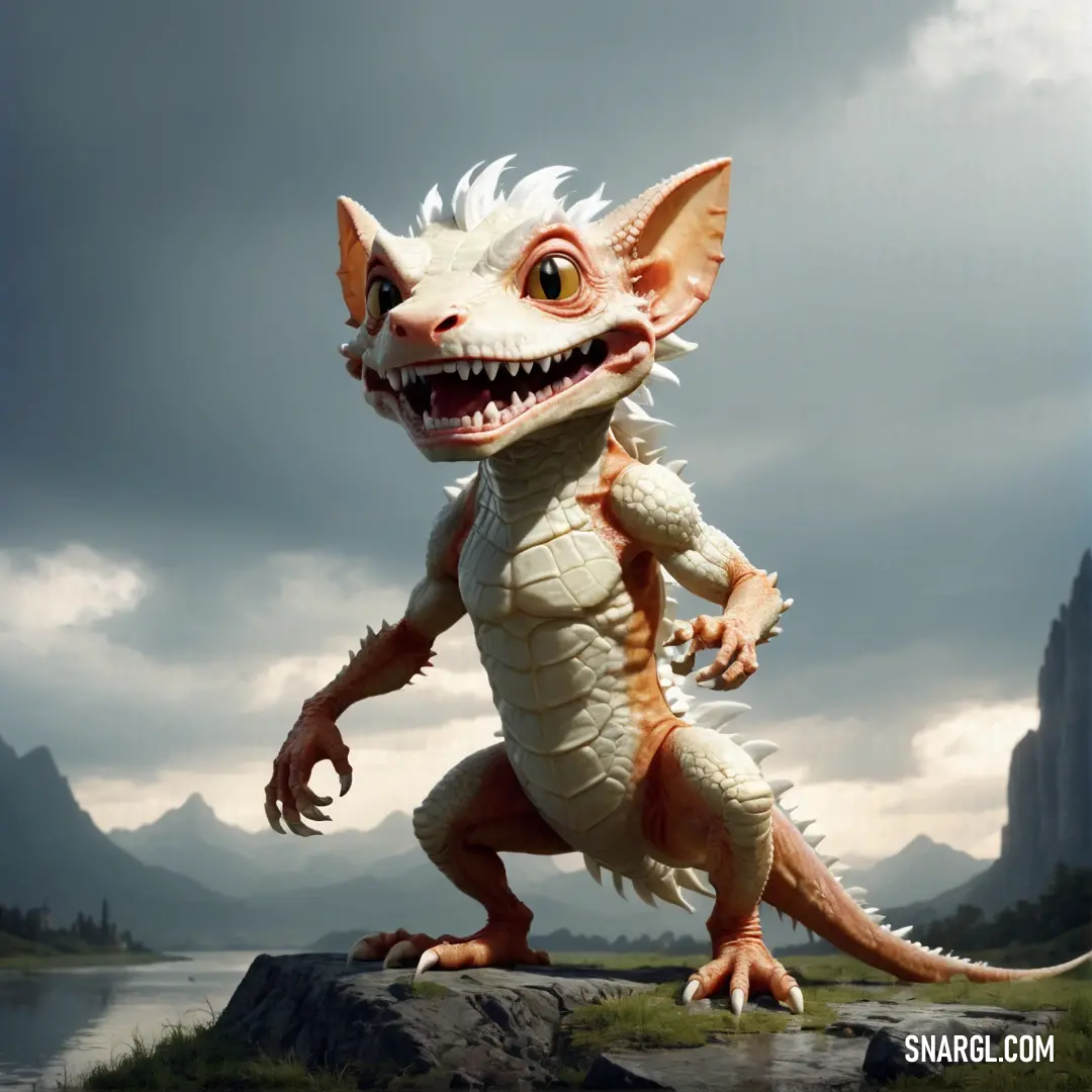 White Kobold with big teeth standing on a rock in the middle of a lake with mountains in the background