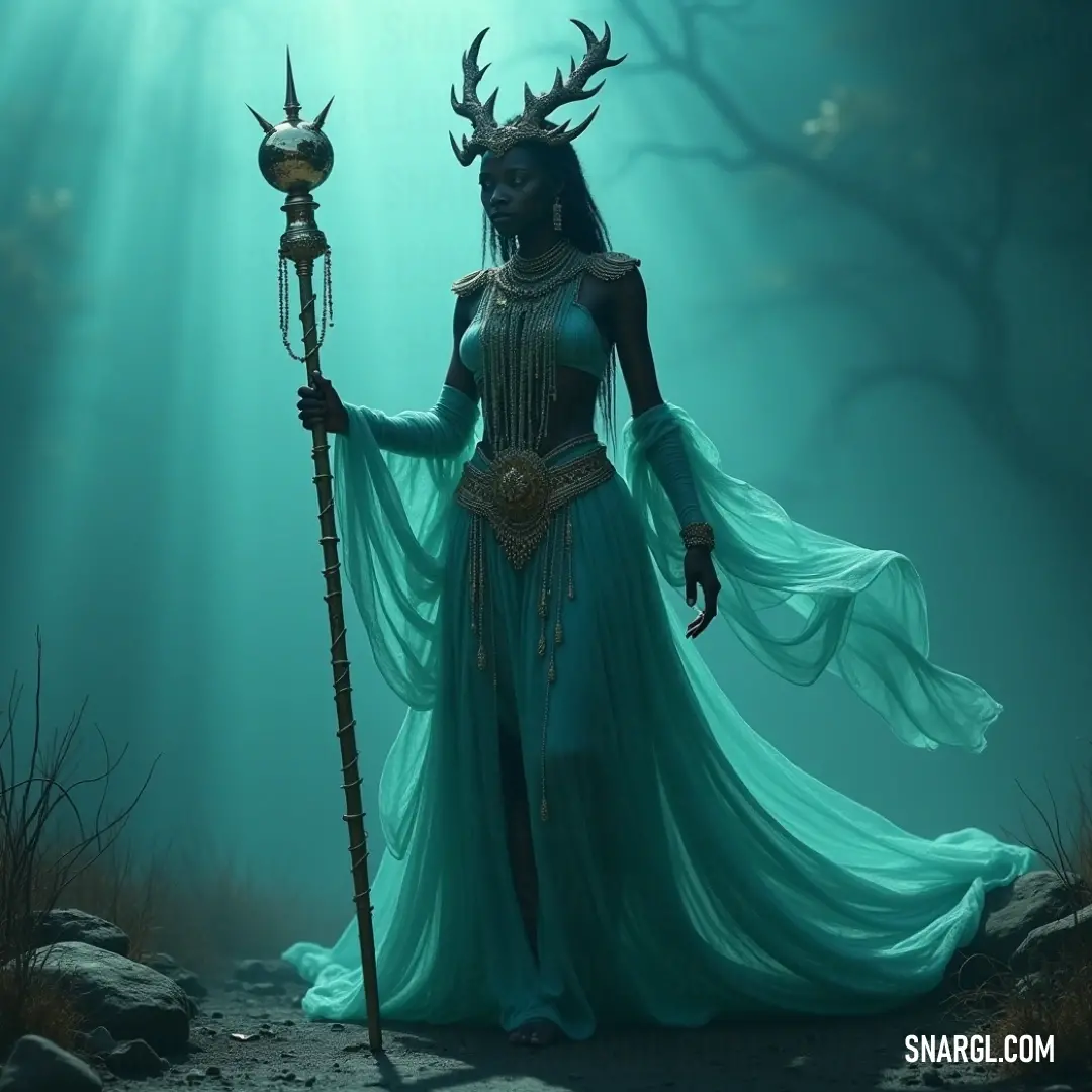 A mystical woman in a blue dress, holding a glowing light bulb and a staff, with a deer head atop her, exudes an aura of power and enchantment. A woman wearing a vibrant blue dress stands confidently, holding a staff and a glowing light bulb in one hand, with a majestic deer head resting atop her head. The scene feels both mystical and powerful, surrounded by an aura of mystery and grace.